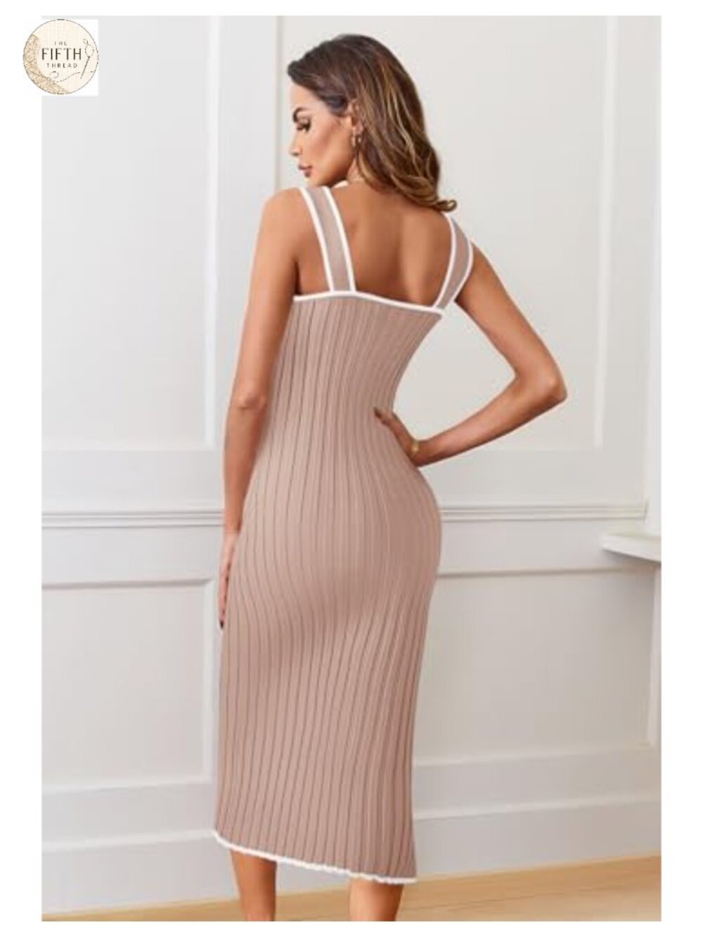 Ribbed Knit Striped Bodycon Midi Sweater Dress Sleeveless Square Neck